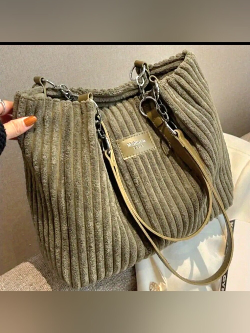 Corduroy Tote Bag with Chain Handles - Olive Green